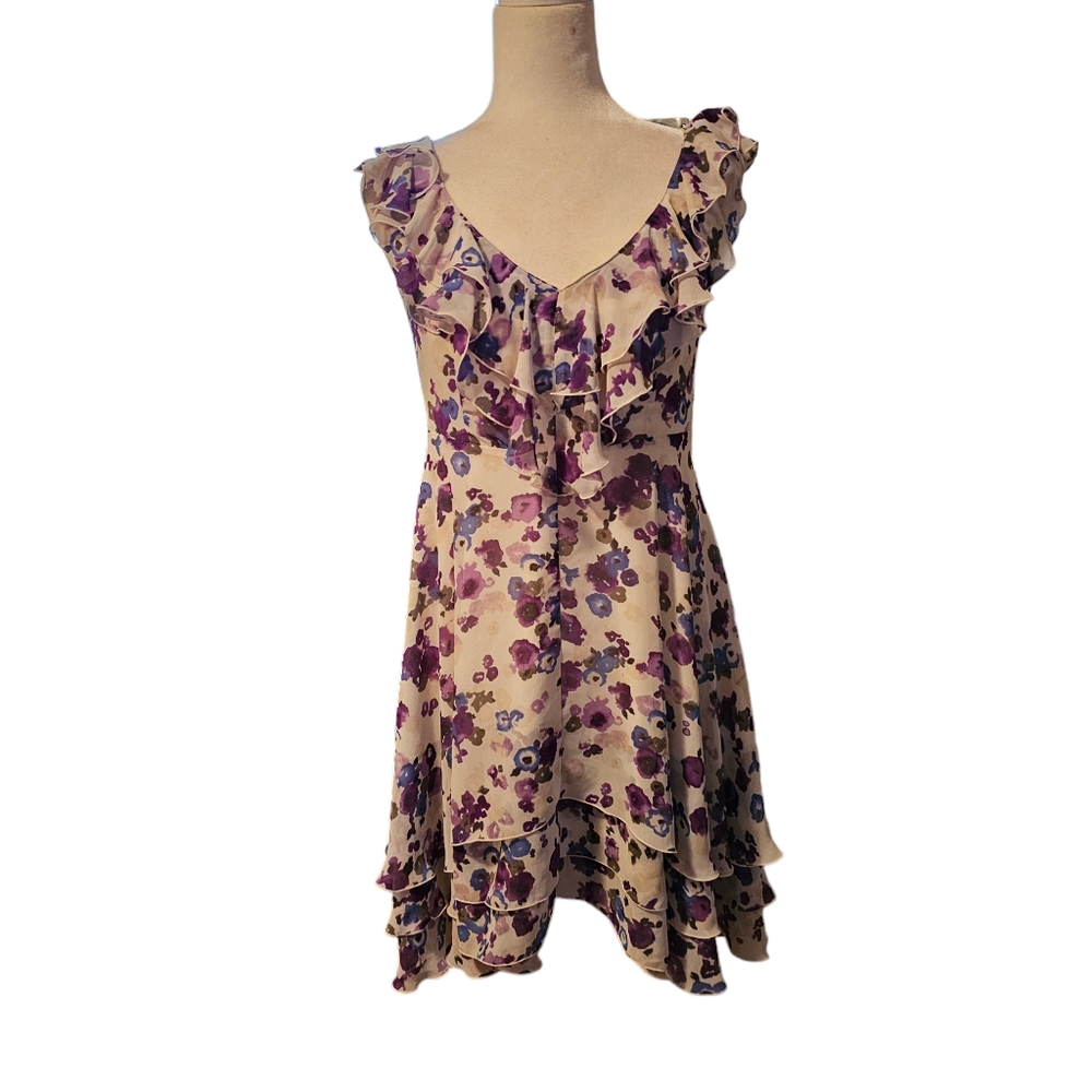 Lauren Conrad Ruffle Mini Dress Romantic Floral Water Color Print Womens Size 6 - Picture 9 of 16